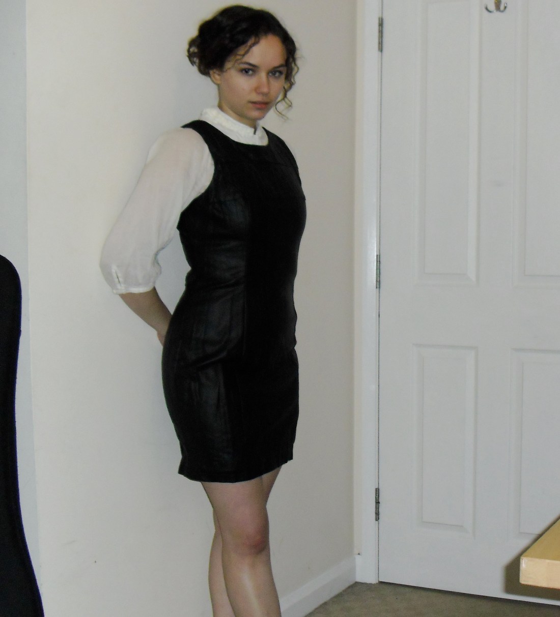 Faux leather dress, £14.99, white shirt both by H&M